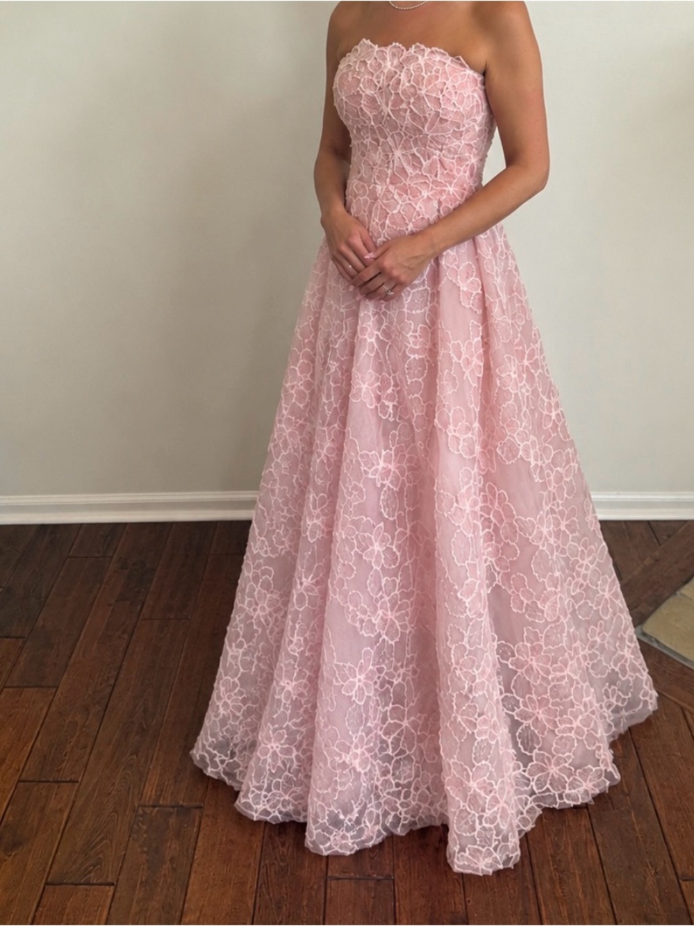 Romantic Strapless Lace Evening Gown in Blush Pink